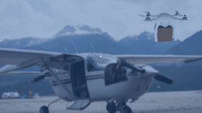 Animation of network of connections with icons over drone and plane. Global shipping, connections and data processing concept digitally generated video. - Powered by Shutterstock - Get 15% off with code: PIKWIZARD15