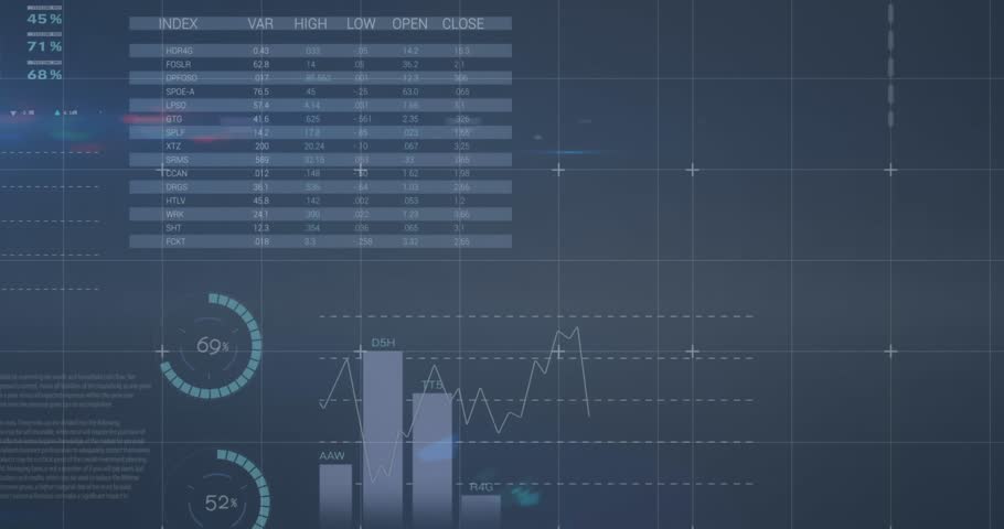 Data processing on grid data processing on businessmen screen. Global business finances and digital interface concept digitally generated video.
