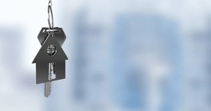 Animation of hanging silver house keys against blurred background with copy space. Relocation and real estate concept - Powered by Shutterstock - Get 15% off with code: PIKWIZARD15