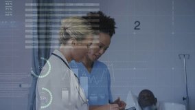 Animation of data processing over diverse female doctor and health worker discussing at hospital. Medical healthcare technology concept - Powered by Shutterstock - Get 15% off with code: PIKWIZARD15