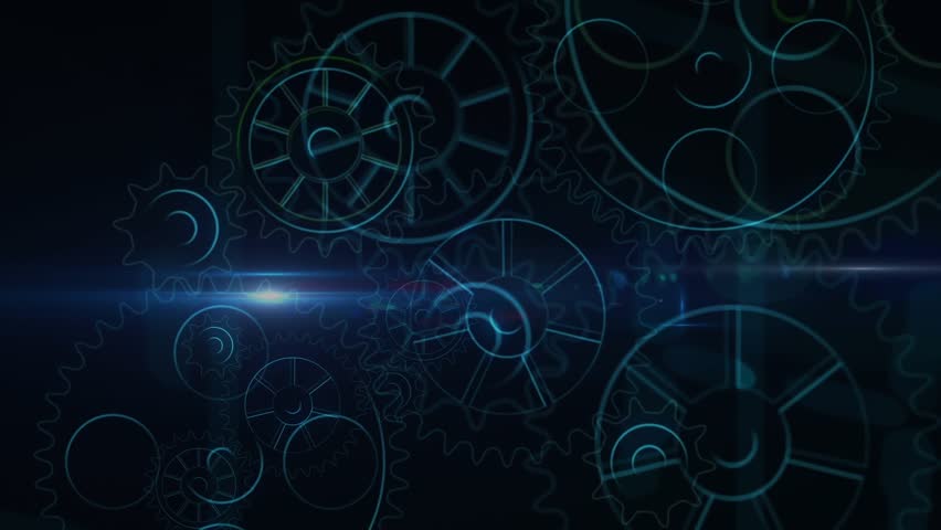Animation of moving mechanical gears over lens flares against black background. Digitally generated, hologram, illustration, illuminated, connection, motion, wheel and technology concept.