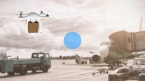Animation of connected icons, drone carrying cardboard box, parked truck and airplane. Digital composite, multiple exposure, communication, distribution, transportation and technology concept. - Powered by Shutterstock - Get 15% off with code: PIKWIZARD15