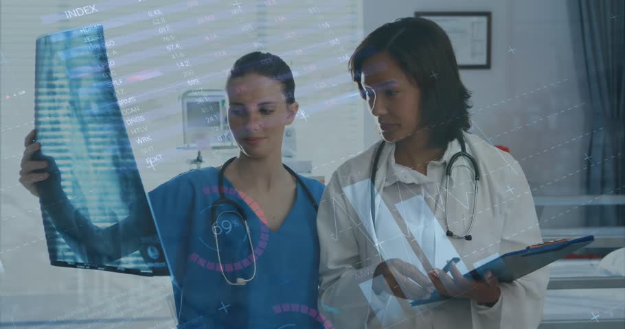A doctor and a patient are discussing an x-ray report. Global business data processing and communication concept digitally generated video.