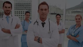Animation of network of connections with icons over diverse doctors. Global medicine, healthcare, connections, computing and data processing concept digitally generated video. - Powered by Shutterstock - Get 15% off with code: PIKWIZARD15