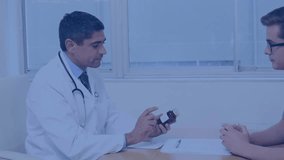 Animation of scientific data processing over caucasian male doctor and male patient. Global medicine, science, research, computing and data processing concept digitally generated video. - Powered by Shutterstock - Get 15% off with code: PIKWIZARD15