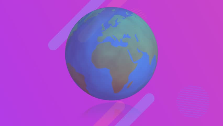 Animation of spinning globe and pink spots over abstract shapes on purple background with copy space. Technology background concept - Powered by Shutterstock - Get 15% off with code: PIKWIZARD15