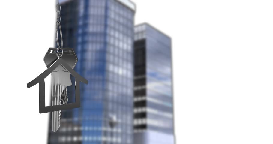 Animation of key in house keychain over modern buildings against white background. Digital composite, multiple exposure, banking, finance, house key, abstract and architecture concept.