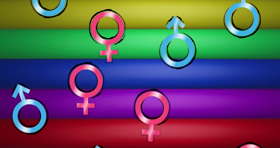 Animation of rainbow fist with radiating lines male and female symbols on striped background. Power, gay, lesbian, lgbtq, equality, rights and pride digitally generated video.