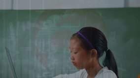 Animation of financial, stock market data processing against asian girl using laptop at school. Global economy and education technology concept - Powered by Shutterstock - Get 15% off with code: PIKWIZARD15