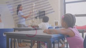 Animation of infographic interface, diverse female teacher teaching students using skeleton. Digital composite, multiple exposure, report, business, childhood, education and global concept. - Powered by Shutterstock - Get 15% off with code: PIKWIZARD15