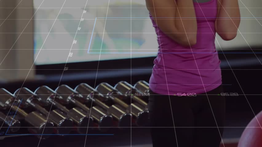 Animation of financial data processing over caucasian woman with weights exercising in gym. Global sports, business, computing, data processing and connections concept digitally generated video. - Powered by Shutterstock - Get 15% off with code: PIKWIZARD15