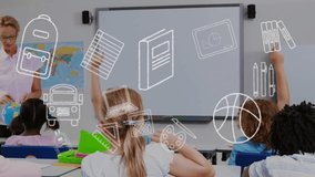 Animation of education school icons over diverse school children in classroom. Global education, learning and elementary school concept digitally generated video. - Powered by Shutterstock - Get 15% off with code: PIKWIZARD15