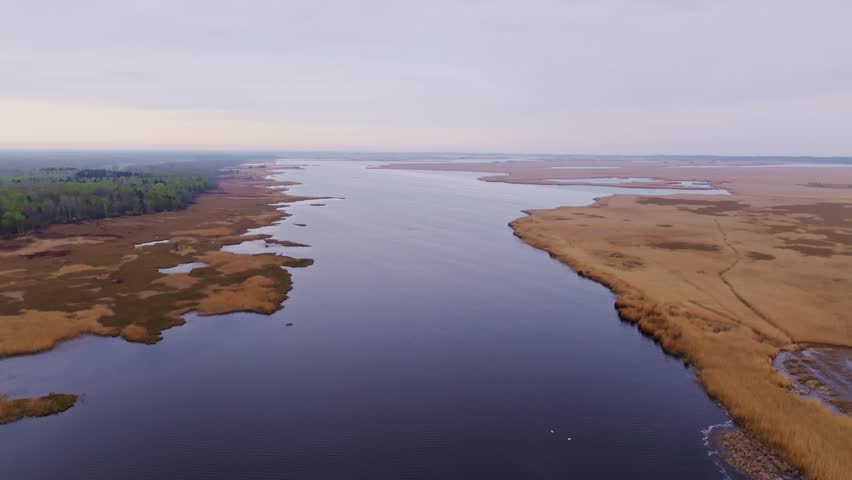 Aerial drone footage reveals Lake Pape in Latvia on cloudy spring morning view