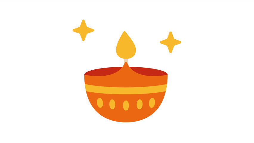 Orange diya lamp with a bright yellow flame and two stars, symbolizing diwali, the festival of lights.