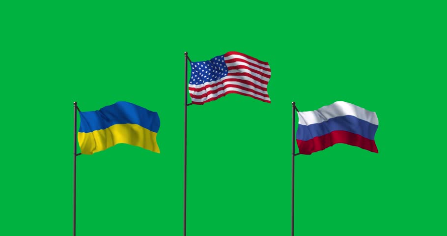 Animation of three flags of ukraine, united states and russia on poles against blank background. International relations, alliance and global politics concept digitally generated video.
