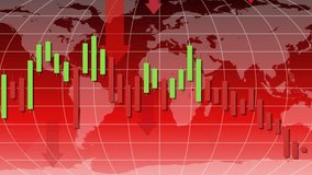 Animated candlestick chart declines over red world map, with downward arrows, financial crisis theme - Powered by Shutterstock - Get 15% off with code: PIKWIZARD15