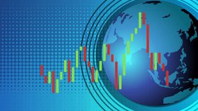 Dynamic candlestick chart animates across digital globe, blue gradient background, finance, data visualization - Powered by Shutterstock - Get 15% off with code: PIKWIZARD15