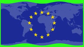 Bar graph gradually decreases over European Union flag with world map, blue background, smooth animation - Powered by Shutterstock - Get 15% off with code: PIKWIZARD15
