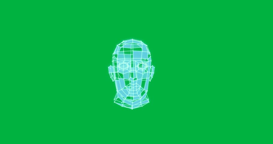 Animation of rotating cuboid head model on transparent background. Ai, deep learning, psychology, mind, data, spirit and meditation concept digitally generated video.