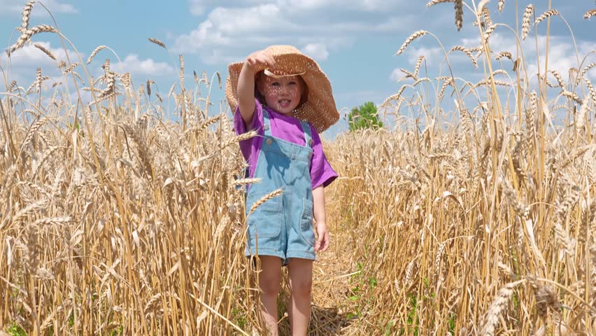 A little child girl in a denim jumpsuit and a straw hat in a field of wheat and with a blue sky in summer