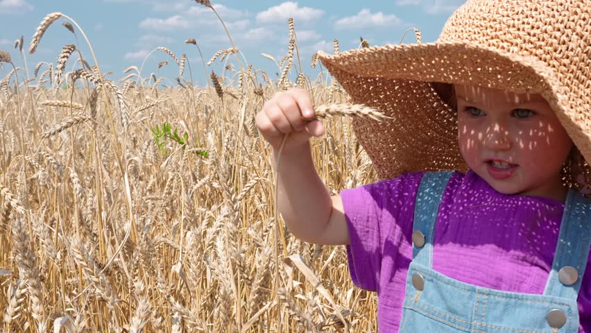 A little child girl in a denim jumpsuit and a straw hat in a field of wheat and with a blue sky in summer