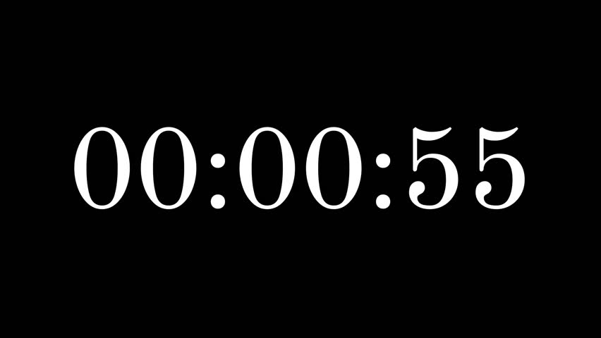 55 second countdown timer with white numbers on a black background perfect for creating urgency in promotional content, marketing, presentations, social media posts, and websites