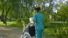 Rear view of happy attractive senior female wheelchair user and positive African American woman caregiver in uniform walking down park alley , friendly talking and sharing during morning stroll. - Powered by Shutterstock - Get 15% off with code: PIKWIZARD15
