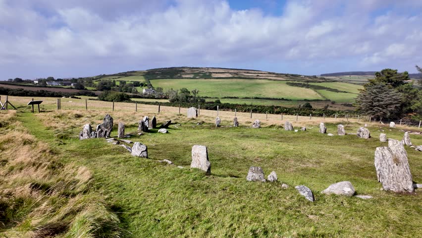 Ancient stone remains of Iron Age roundhouses forming a prehistoric settlement at The Braaid