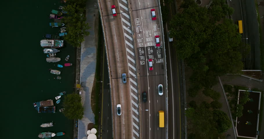 Top Down View Of Highway Bridge In Hong Kong City - Drone Shot
