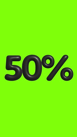 3D black glossy 50% sign with bouncing animation on bright green background, perfect for discount, sale, promotion, and marketing use in retail, advertising, and digital commerce design