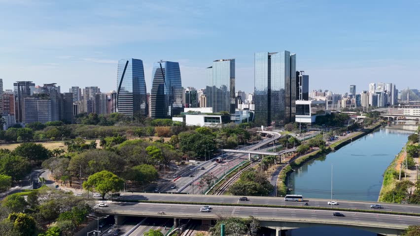 Sao Paulo Skyline At Sao Paulo In Brazil. Downtown Cityscape. Freeway Road Scenery. Urban Landscape. Sao Paulo Skyline In Brazil. Metropolis District. Sao Paulo Brazil.