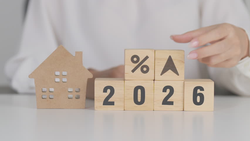 2026 New Year with percentage change to UP and Down arrow with Home model. Real estate Mortgage, Refinance, House loan and debt, Interest rate, Insurance, Financial and Property Tax