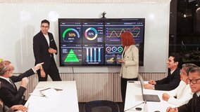 Business team in a modern boardroom reviews analytics on a large digital dashboard as two presenters discuss strategy, charts, and performance metrics during a corporate meeting. 4k video - Powered by Shutterstock - Get 15% off with code: PIKWIZARD15