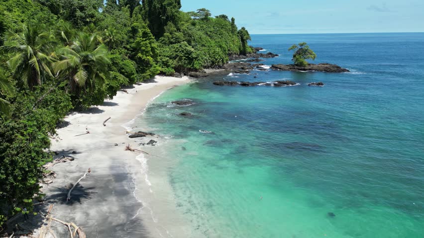 Aerial view of secluded Isla Playa Blanca in Ensenada de Utría National Park in the lush Chocó Department located on the remote Pacific Coast of Colombia