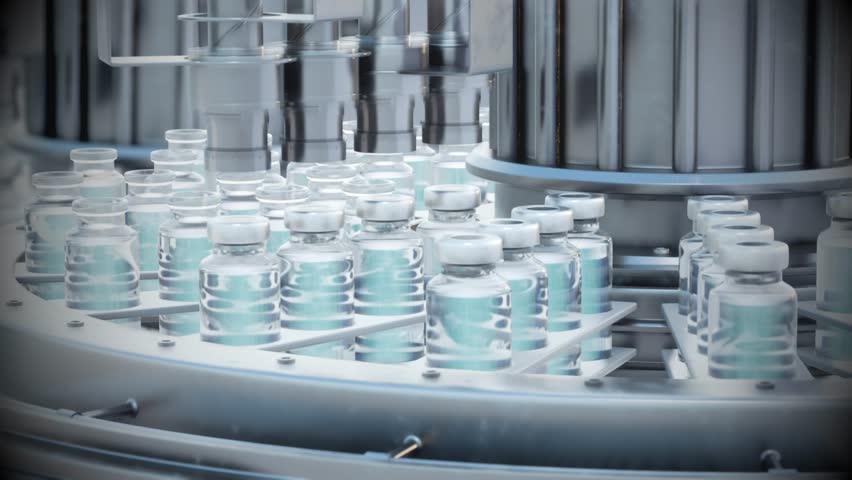 Factory for the production of medical drops or insulin or ampoules for injections. Line for packaging bottles with saline or vaccine. 3d render animation looped
