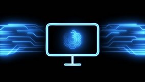 Blue Neon Monitor Icon with Gear Symbol and Circuitry on Black Background computer screen - Powered by Shutterstock - Get 15% off with code: PIKWIZARD15