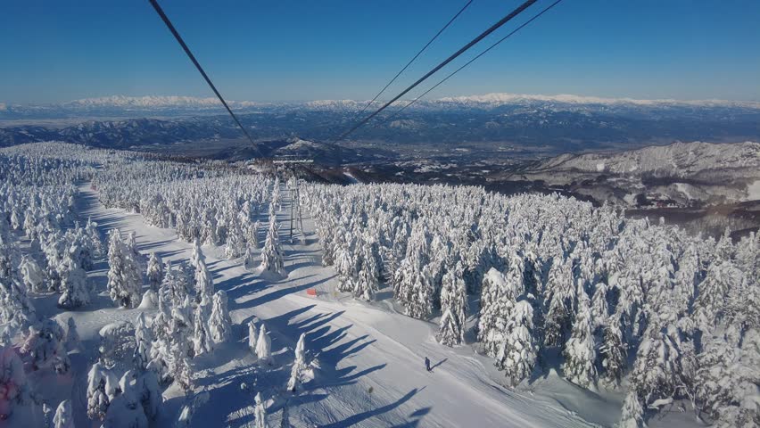 Cable cars fly over Juhyo forests (rime trees, snow monsters) and outdoor lovers ski down the piste on a sunny winter day, in Zao, a famous resort for skiing and Onsen (hot springs) in Yamagata, Japan