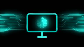 Teal Neon Monitor Icon with Gear Symbol and Circuitry on Black Background computer screen - Powered by Shutterstock - Get 15% off with code: PIKWIZARD15