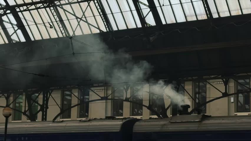 Smoke coming from the train.
The train is parked under a metal roof.