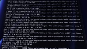 Close-up of white programming code and system messages rapidly scrolling on a black screen, showing an active software update process for IT infrastructure management and digital security - Powered by Shutterstock - Get 15% off with code: PIKWIZARD15