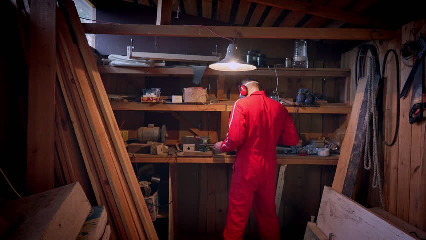 A man wearing protective gear, headphones and a safety mask uses a vice in his workshop.