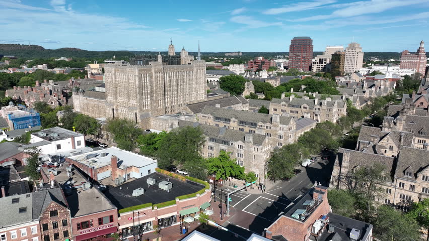 Sterling Memorial Library And Yale Law School Buildings Within Yale University In New Haven, Connecticut, USA. - aerial shot