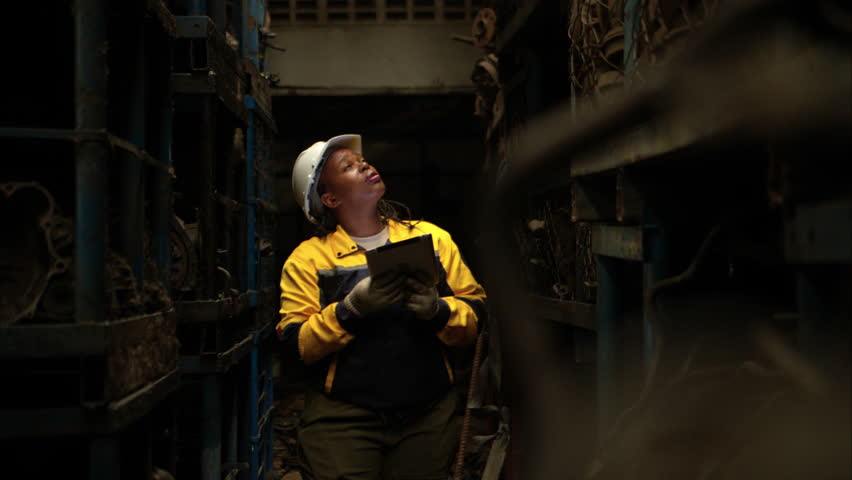 Female engineers wearing safety helmet gear inspecting car parts inventory in an industrial warehouse