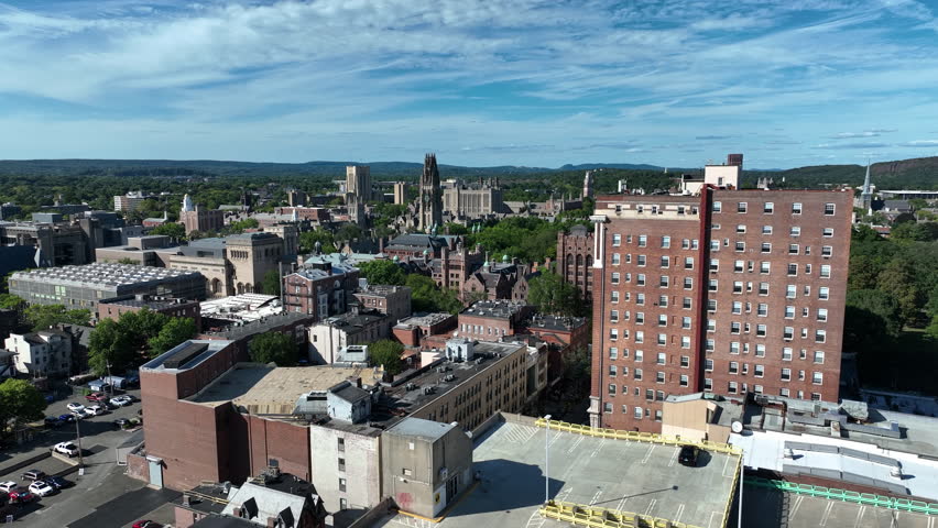 Aerial View Of Apartment Building With Yale University Old Campus In The Background In New Haven, Connecticut, USA.
