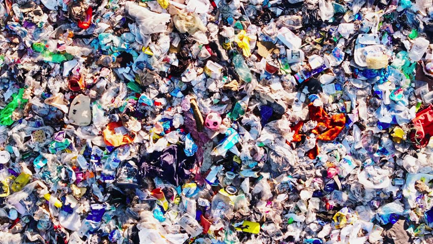 Symbolic cinematic drone footage above landfill, ecosystem collapse - pollution