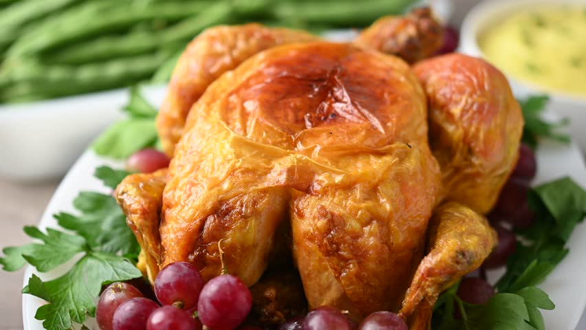 Thanksgiving dinner on rustic wooden table with roasted turkey,mashed potatoes,ears of corn and green bean casserole	