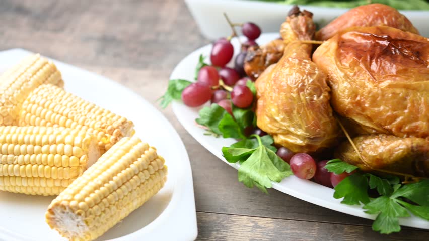 Thanksgiving dinner on rustic wooden table with roasted turkey,mashed potatoes,ears of corn and green bean casserole	