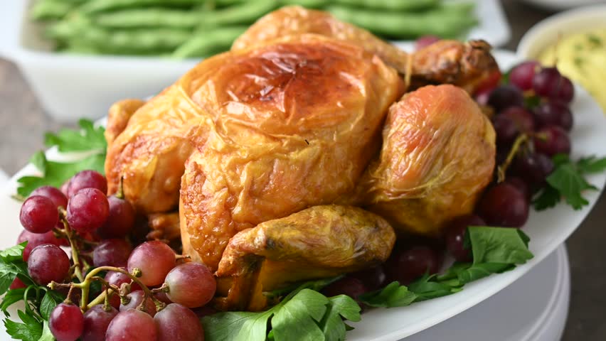 Thanksgiving dinner on rustic wooden table with roasted turkey,mashed potatoes,ears of corn and green bean casserole	