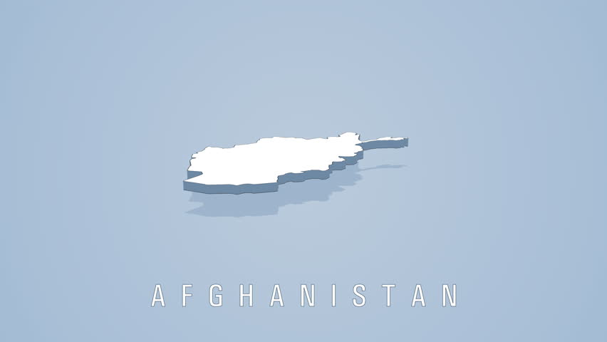 White three dimensional cartographic representation of afghanistan gently rotating against minimalist light blue backdrop, highlighting country