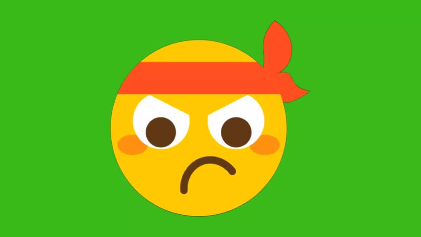 Animated angry emoji with red headband on green screen. Expressing anger, rage, or determination